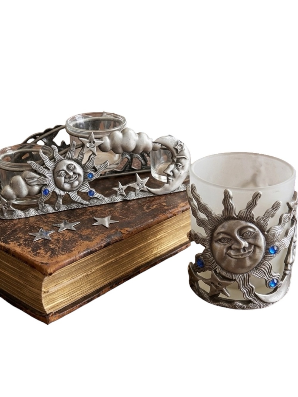 VTG 90s Sun & Moon Silver Glass Votive Holder+ Tea light candle holder|Whisigoth